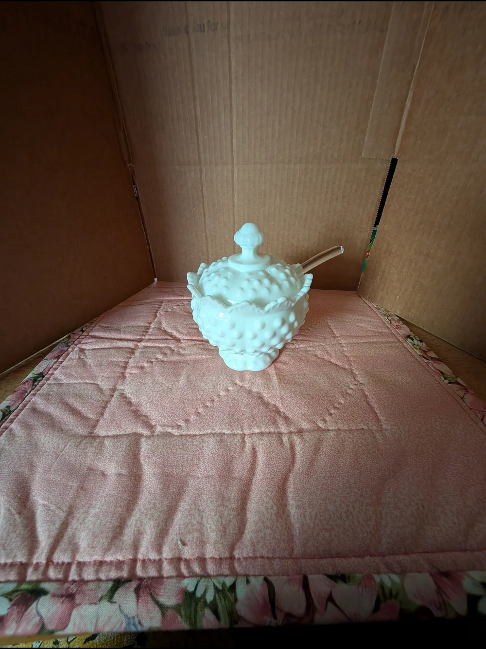 White Hobnail Milk Glass Lidded Jam Jar - with Spoon